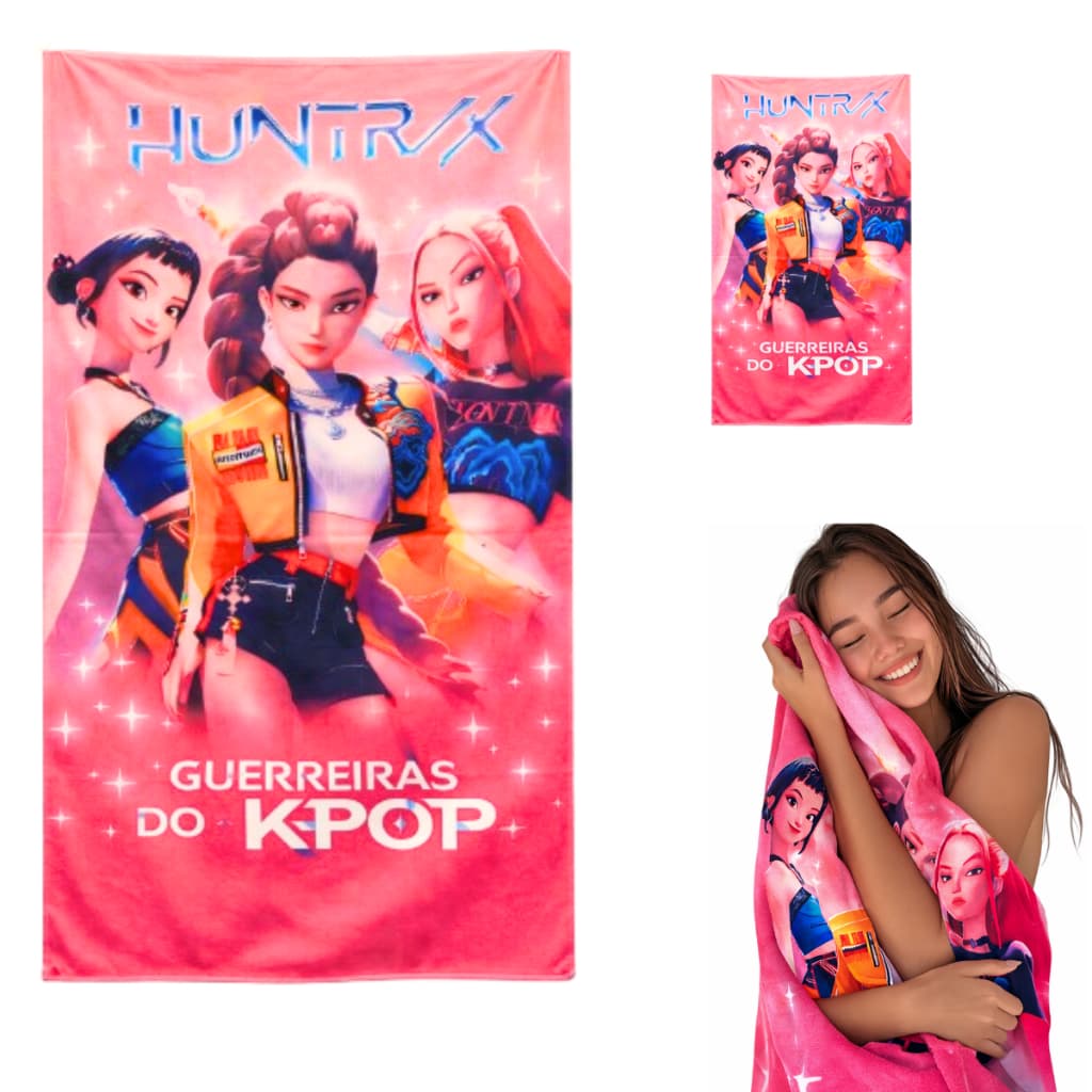 Kit Toalhas De Banho  INfantil +  toalha de Mão  lanche escolar Guerreiras Do K-pop Huntrix