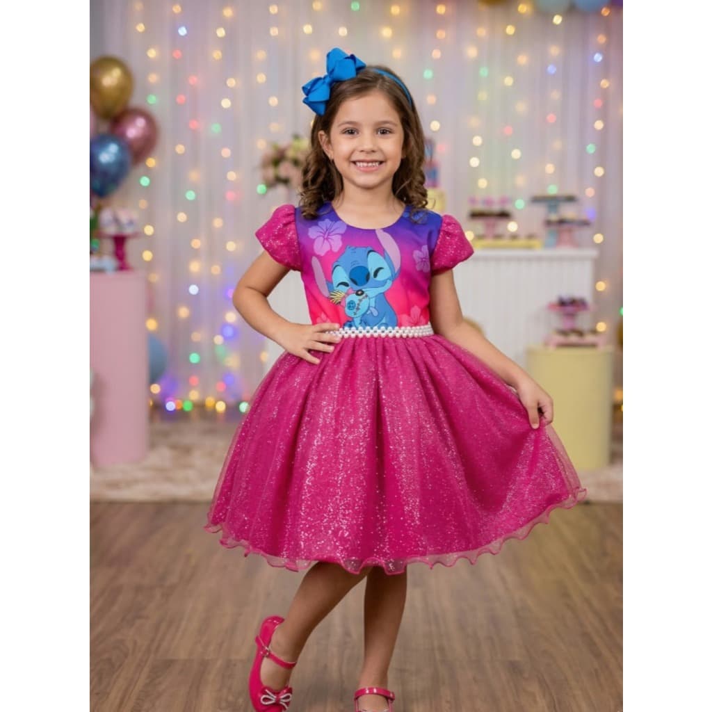 Vestido Lilo e Stitch Menina Pink e Azul Com Glitter Para Festas Luxo