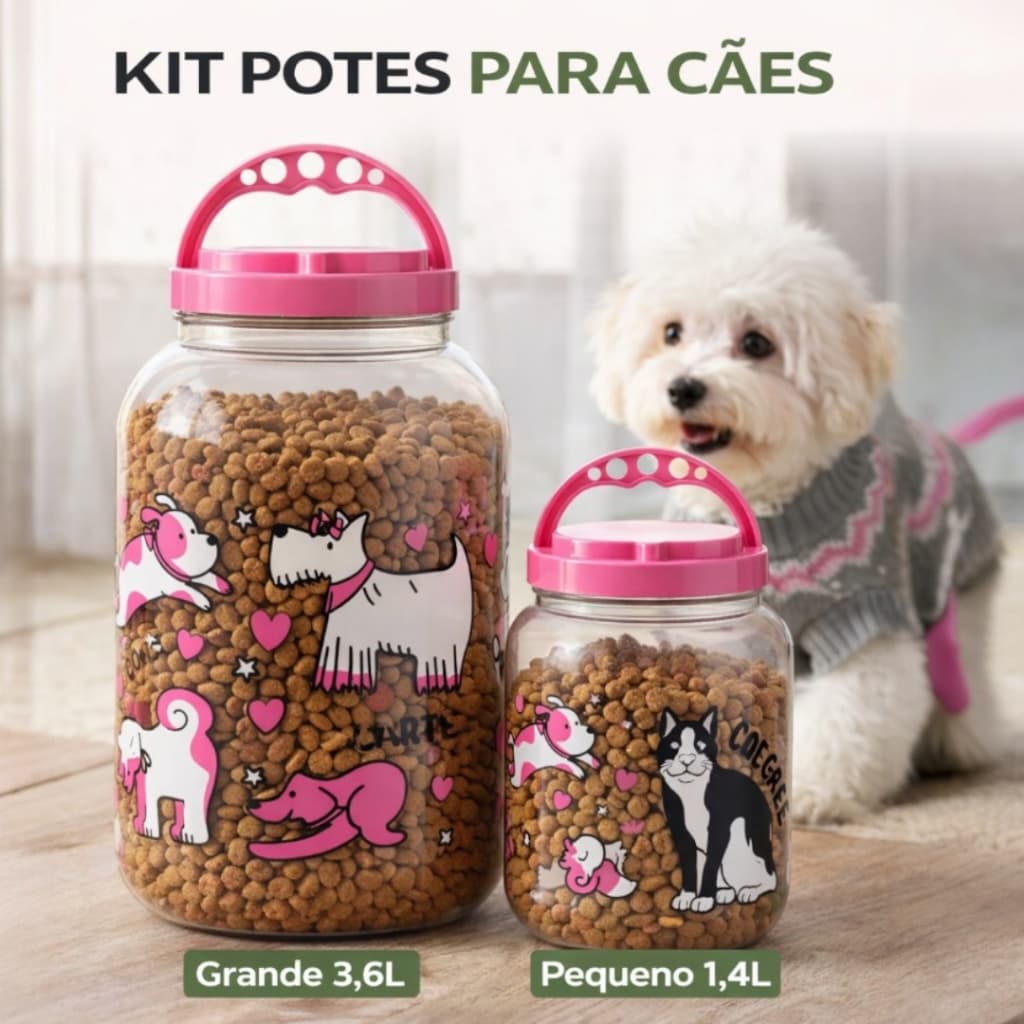 KIT com 2 Potes Ração e Petiscos CACHORRO Grande 3,6L e Médio 2,2L ou 3,6L e 1,4L Rosa Verde