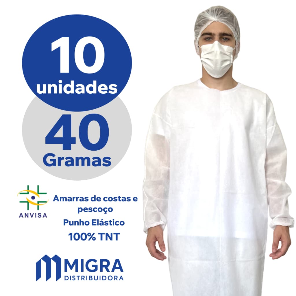 Avental Descartável 40g Kit 10 Unidades Manga Longa Jaleco Capote TNT Gramatura Não Estéril Migra gr