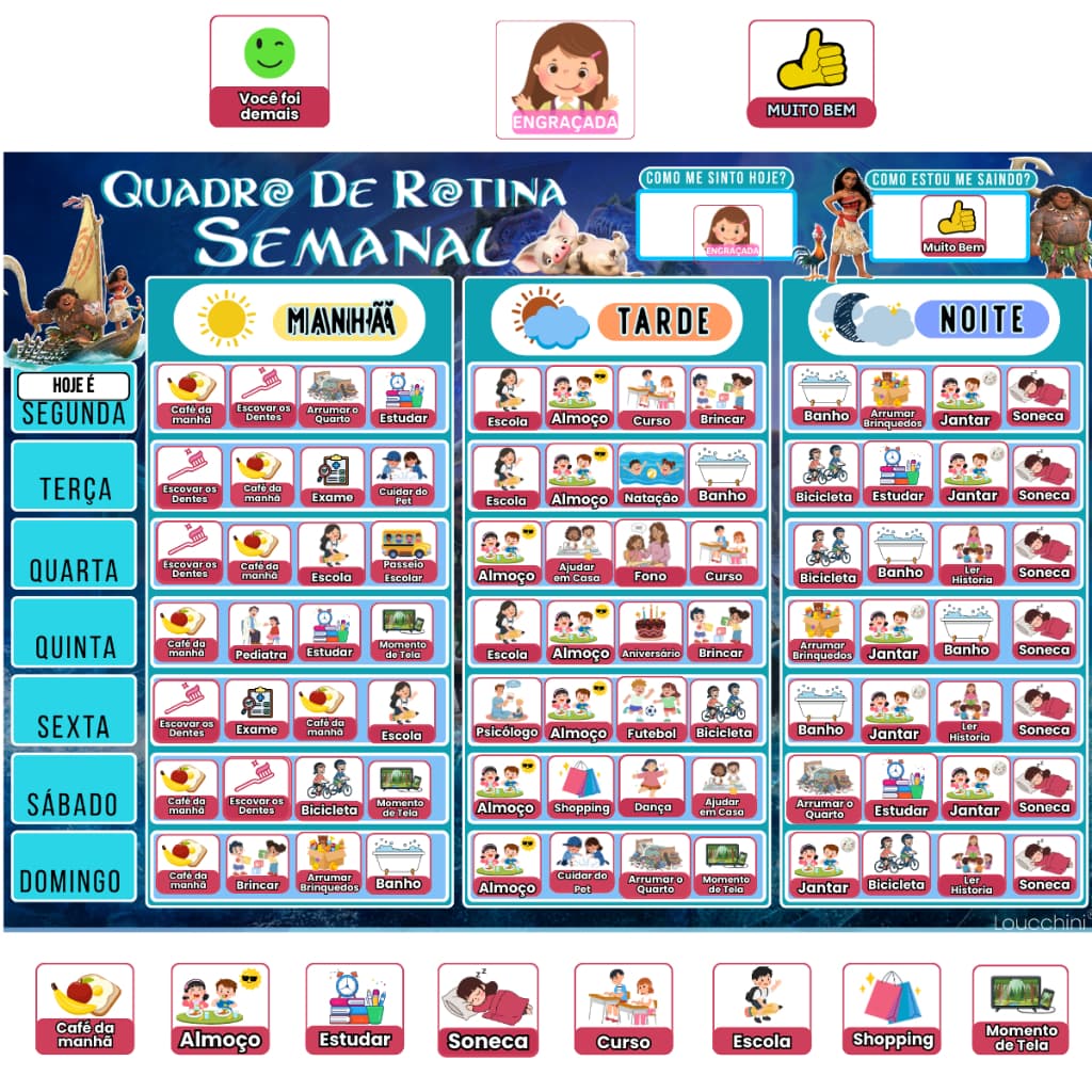 Quadro Infantil de Rotina 178 Tags de Emoções e Tarefas P/ Ajudar na Organização Diária Tema Moana