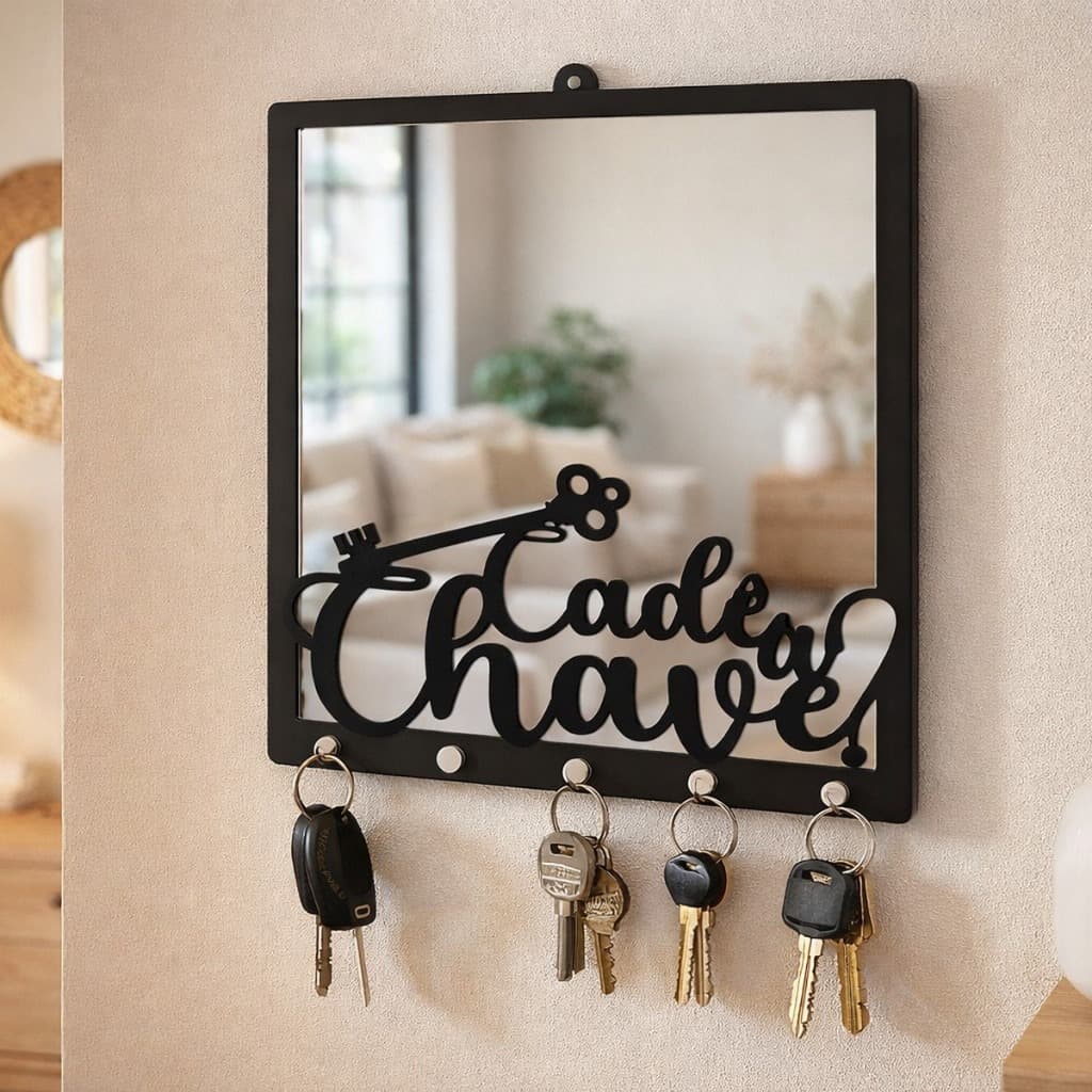 Porta Chaves com Espelho Decorativo Parede 20cm Organizador Chaves Decoração Sala Entrada da Casa