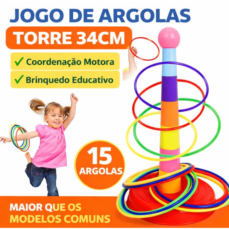 Jogo de Argolas Infantil Torre 34cm Grande + 15 Argolas – Brinquedo Educativo Coordenação Motora Montessori