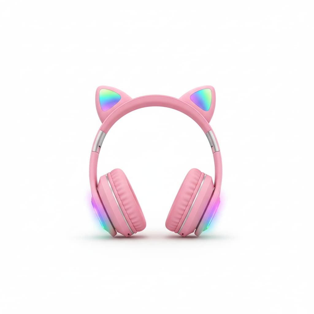 Fone de Ouvido Bluetooth Infantil com Luz LED Colorida e Design de Gatinho