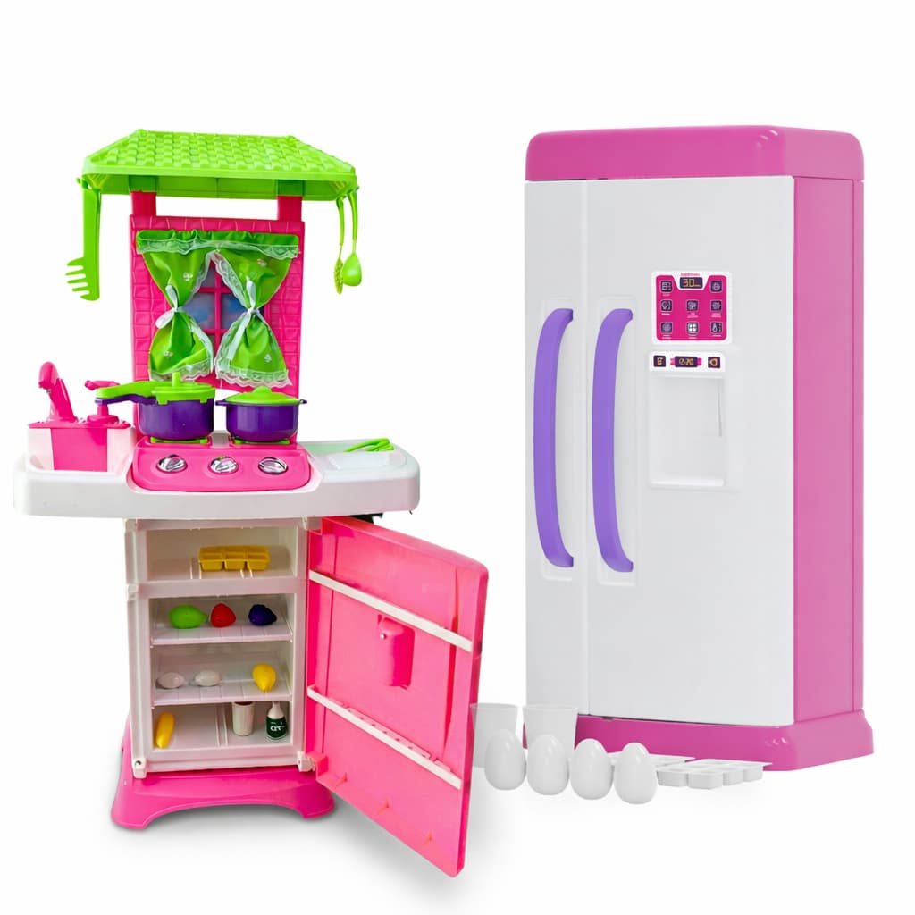 Kit Cozinha Infantil lua de cristal + Geladeira Duplex – Brinquedo Educativo Rosa