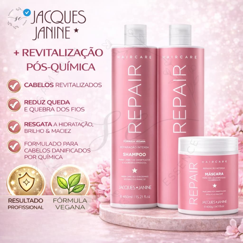 Shampoo e Condicionador Vegano Sem Sal | Kit Jacques Janine Repair Reconstrução e Brilho Intenso