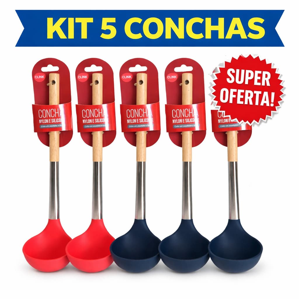 Kit 5 Conchas de Nylon e Silicone com Cabo de Madeira Concha Para Caldos e Feijão