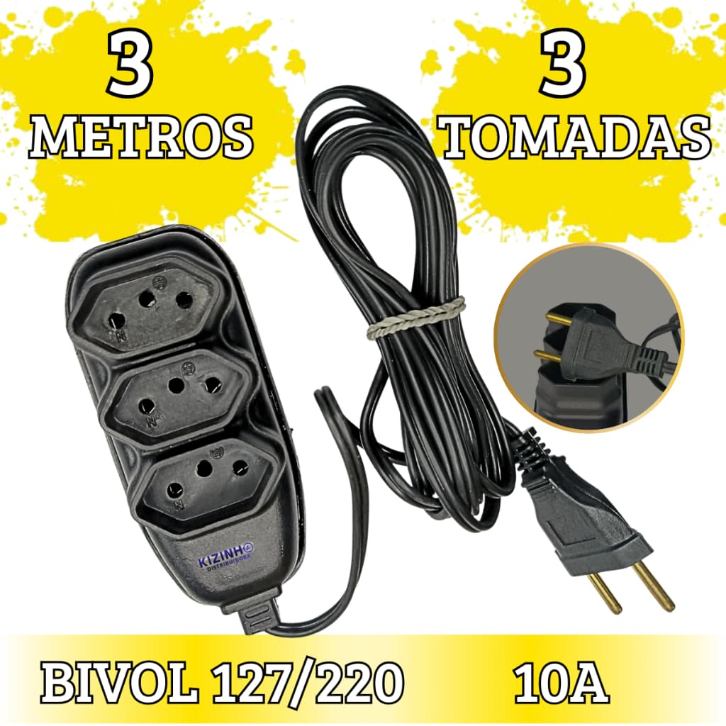 Extensão Elétrica 3 Metros 3 Tomadas Preta 10A Bivolt 127/220