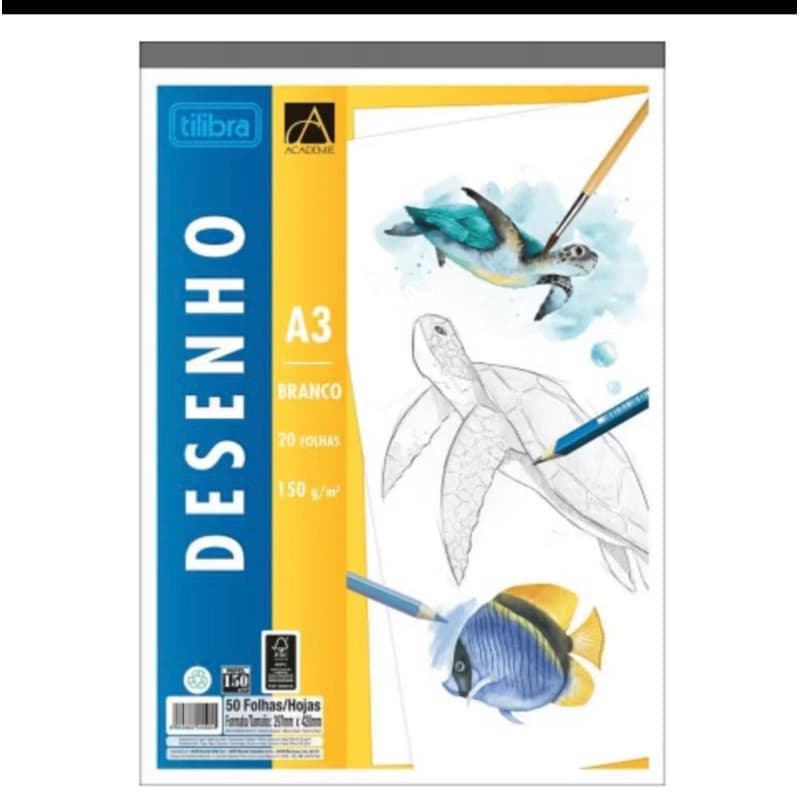 Kit com 10 blocos A3 Tilibra 140g, 20 folhas cada. Papel premium, não vaza, ideal para arte profissional!