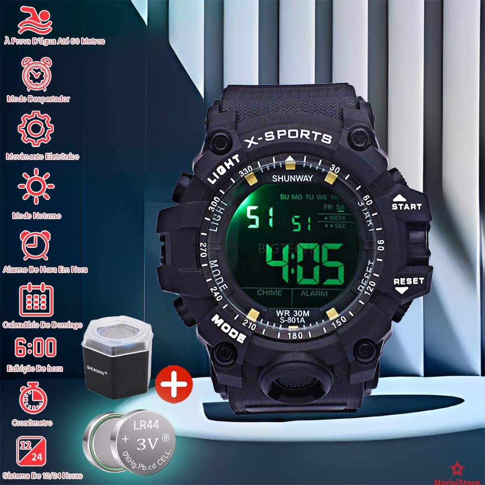 Relógio Masculino Digital Esportivo 50m À Prova D'Água Cronômetro Luz Led Pulseira De Silicone Com Caixa