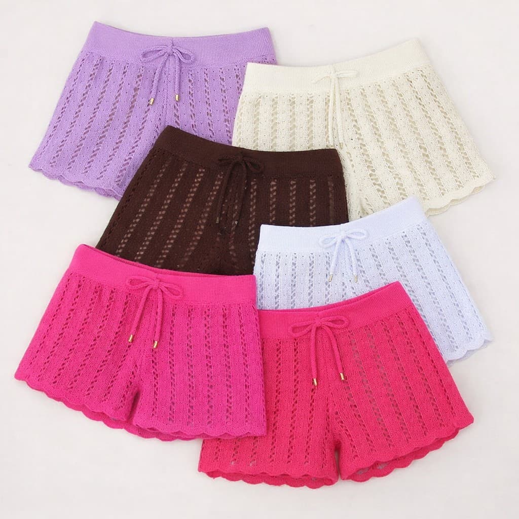 Shorts Saída de Praia Feminino Tricô Crochê  | Tamanho Único Ajustável Moda Praia Verão