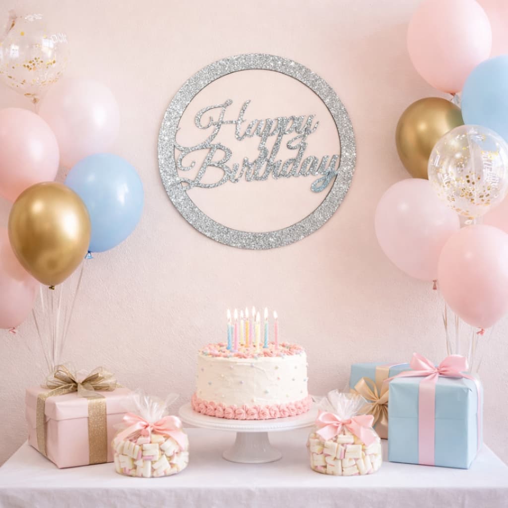 Placa Happy Birthday Decorativa Festa Aniversário Mdf Glitter Prata Dourado