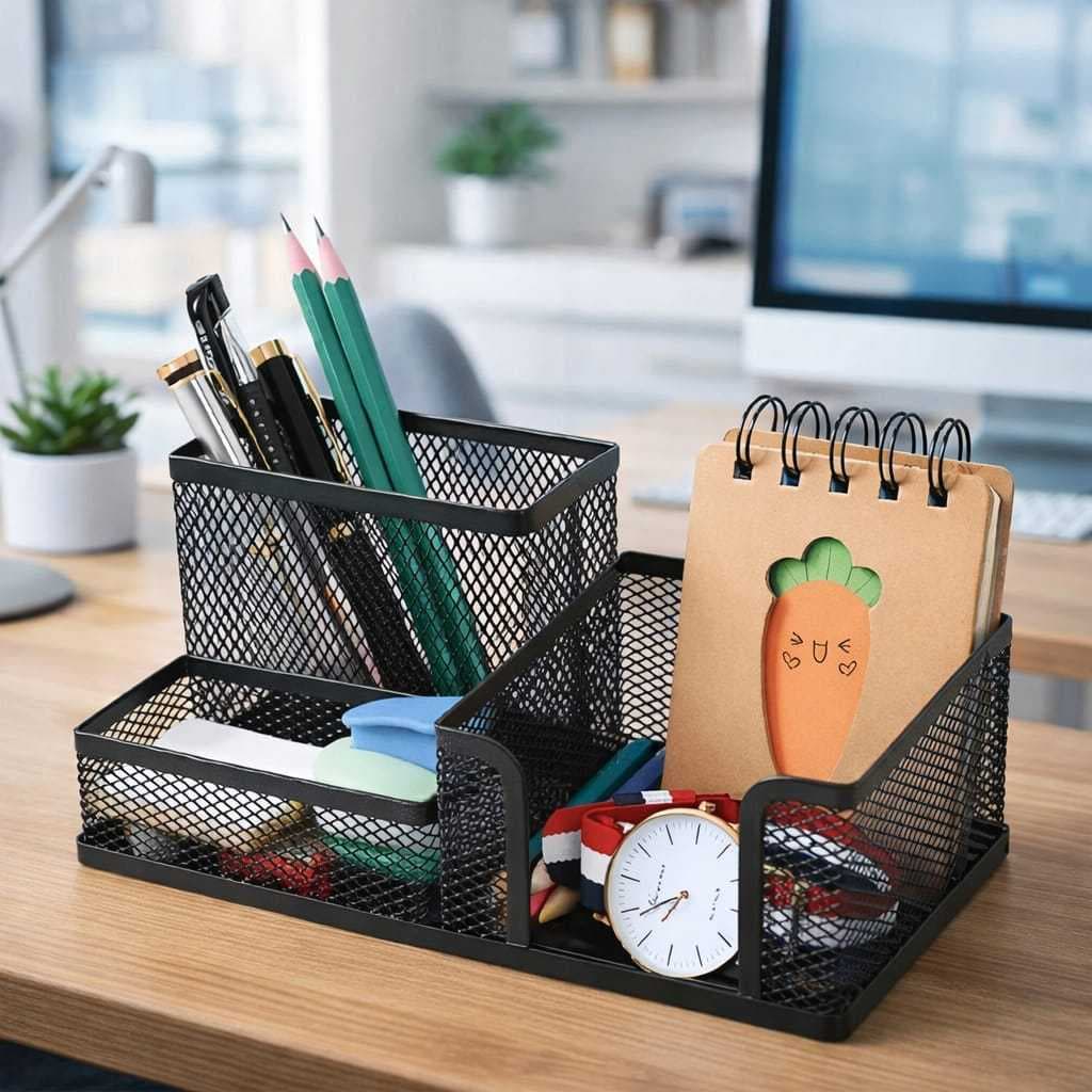 Organizador de Mesa Metal Aramado Para Escritório 3 Divisões Porta Lapís Caneta Clips Telado Organização Para Mesas