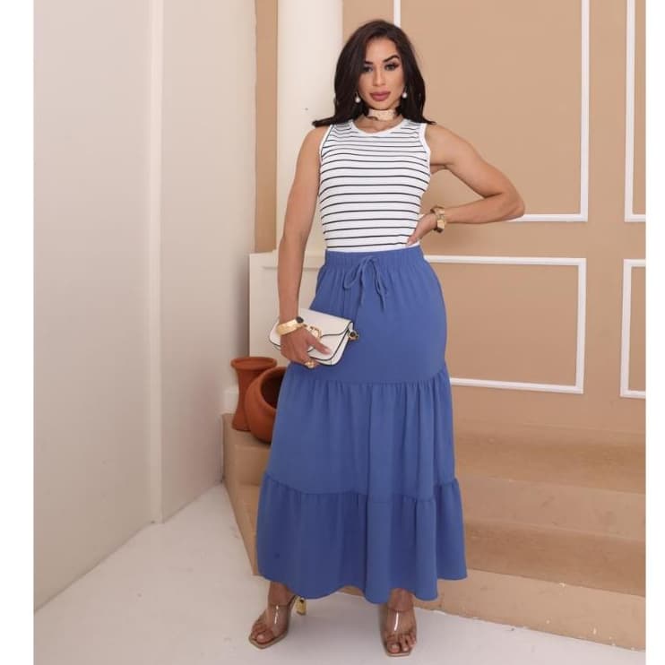 Saia Longa Feminina Três Marias Tecido Duna Moda Evangélica Casual Cintura Elástica Tendência Verão