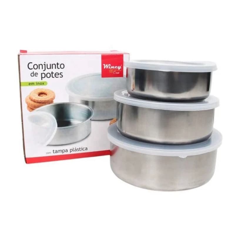 Conjunto De Potes Redondo 3 Peças Inox Com Tampa De Plástico