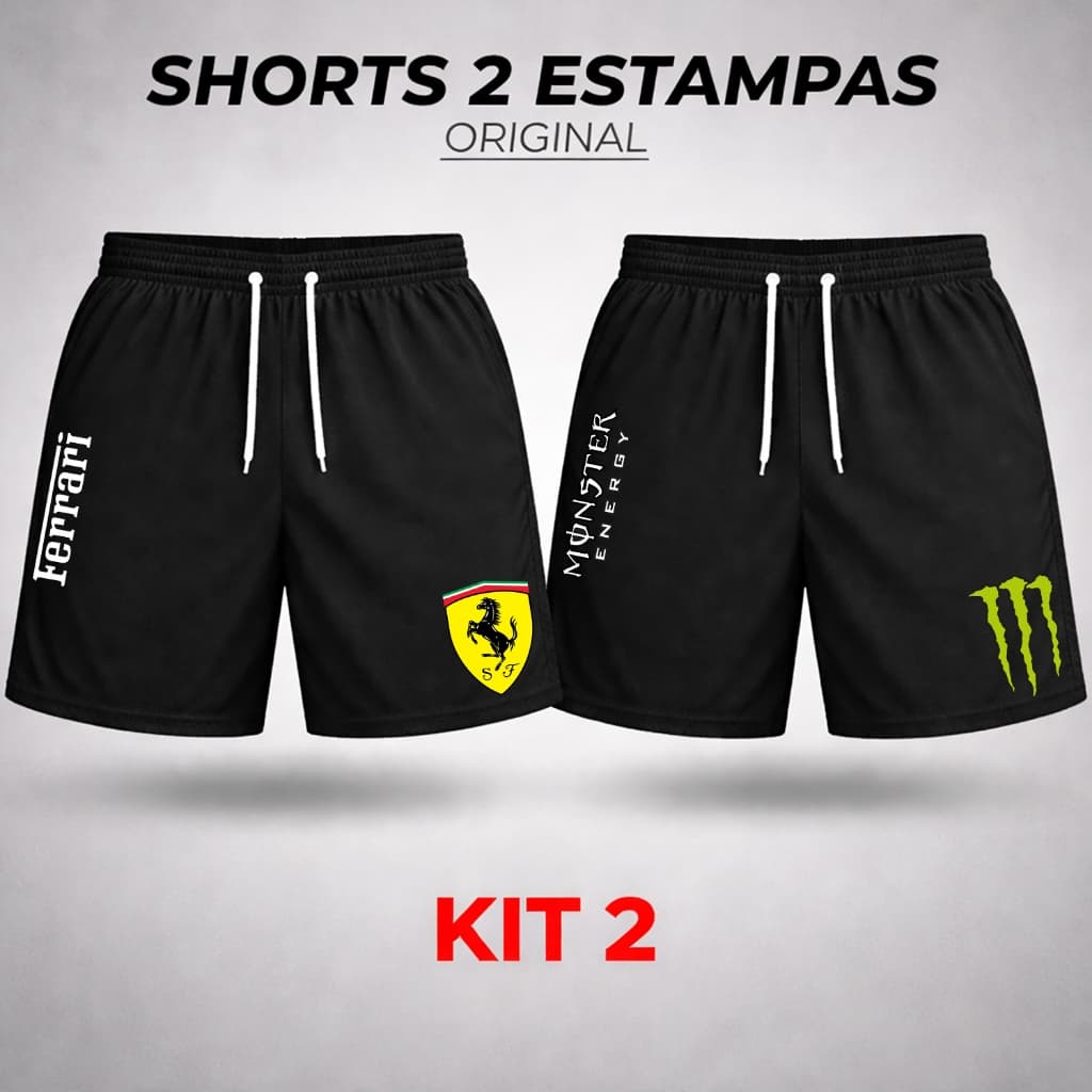 Shorts Tactel Estampado Kit 2 Masculino Monster Ferrari Secagem Rápida e Leve Casual Lazer Academia