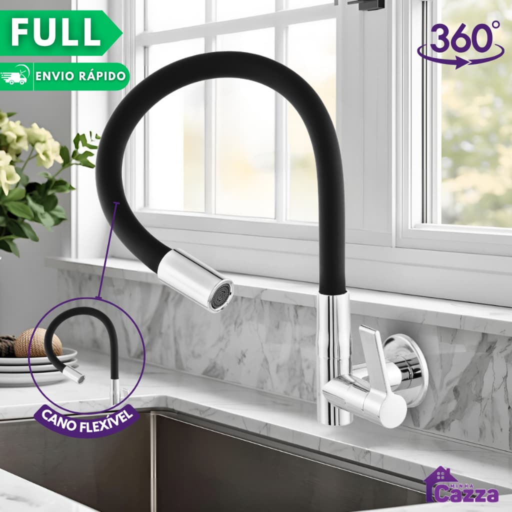 Torneira de Cozinha Preta Parede Gourmet Flexível Silicone 1/4 de Volta 360°