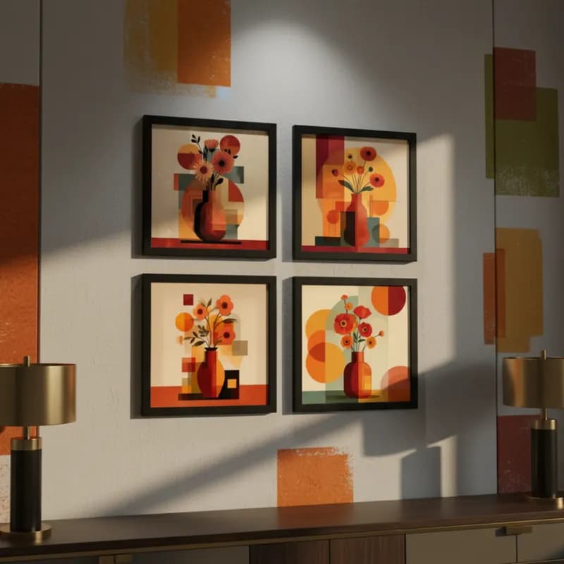 Kit 4 Quadros Decorativos Flores Abstratas Formas Geométricas Moderno Elegante Minimalista