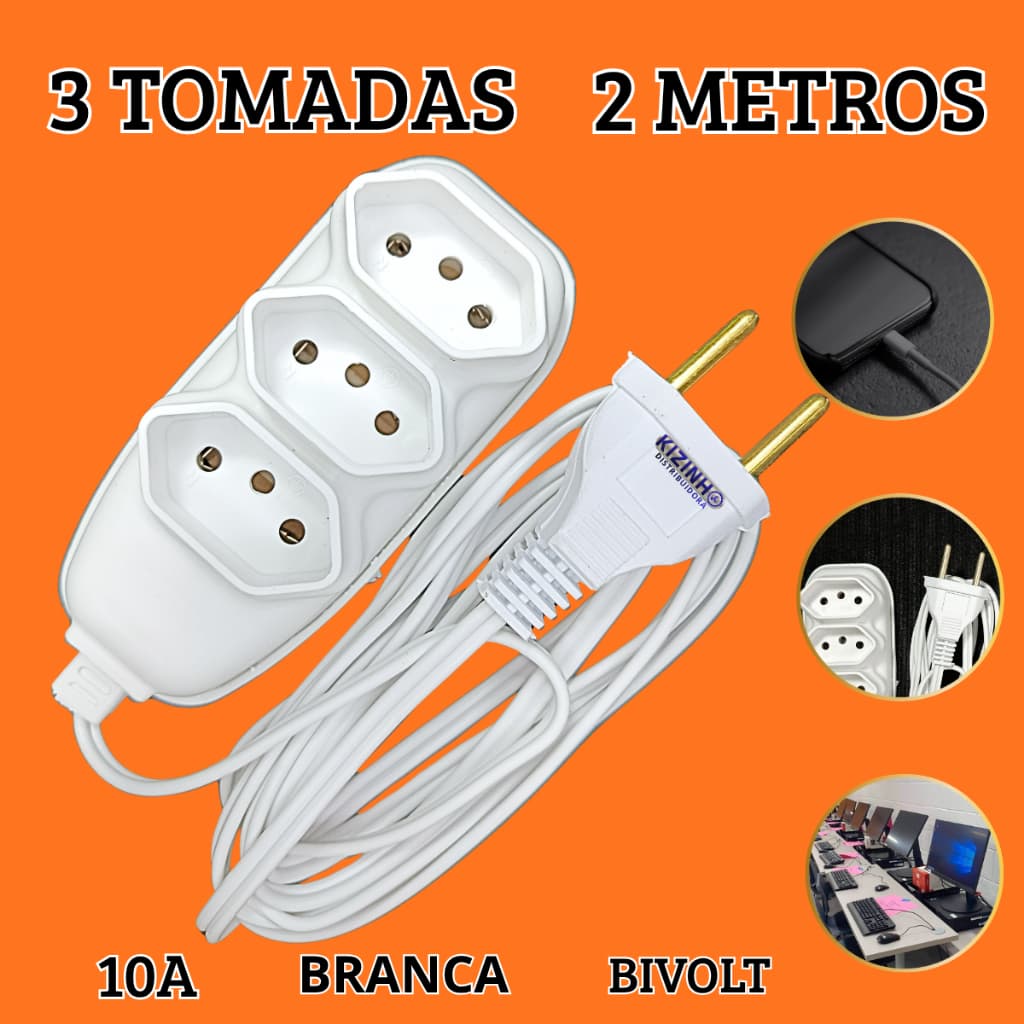 Extensão Elétrica 2 Metros Com 3 Tomadas Tripolar 10A Branca Bivolt 127/220 Plug Com Pino Bipolar