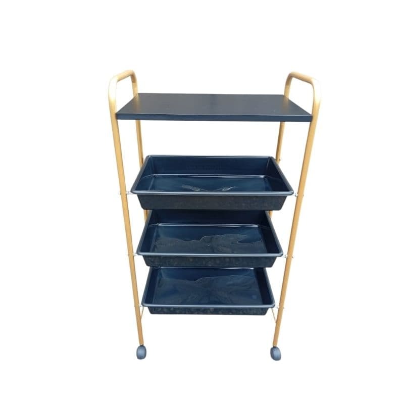 Carrinho Mesa Auxiliar 1 Tampo MDF + 3 Bandejas Dourado e Preto