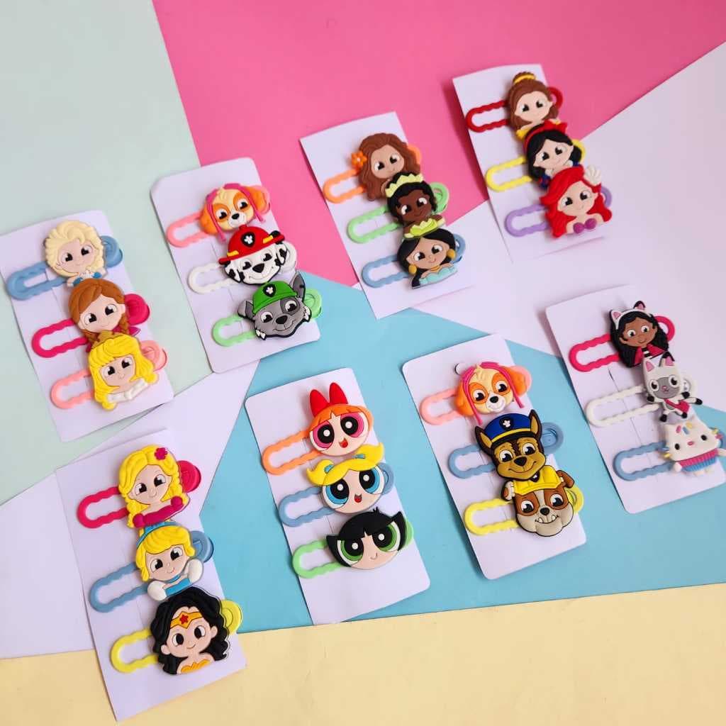 Presilha de cabelo infantil ferro 5,5 cm colorida Tic tac infantil com aplique colorido Kit com 3