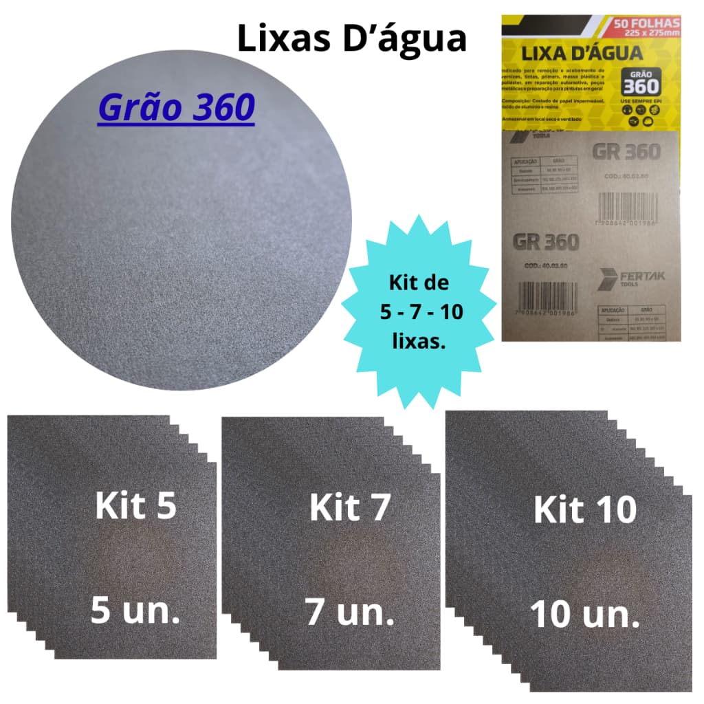 Lixa 360 kit 5 7 ou 10 Folhas Grão D'água Lixamento Metal Plástico Fibra Pintura Tinta Madeira Massa