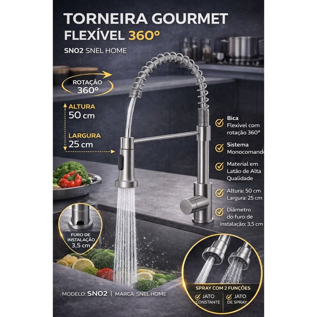 Torneira Gourmet Cozinha Flexível 360° Monocomando Inox Bica Extensível Spray 2 Funções Bancada