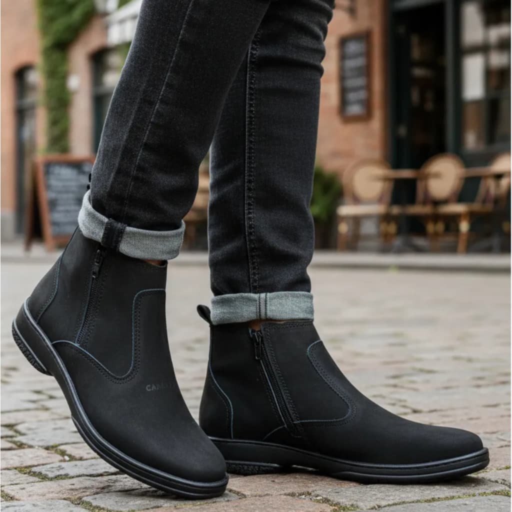 Bota Country Masculina Preta Botina Com Ziper Couro Nobuck Botinha Forte Reforçada Resistente 2220