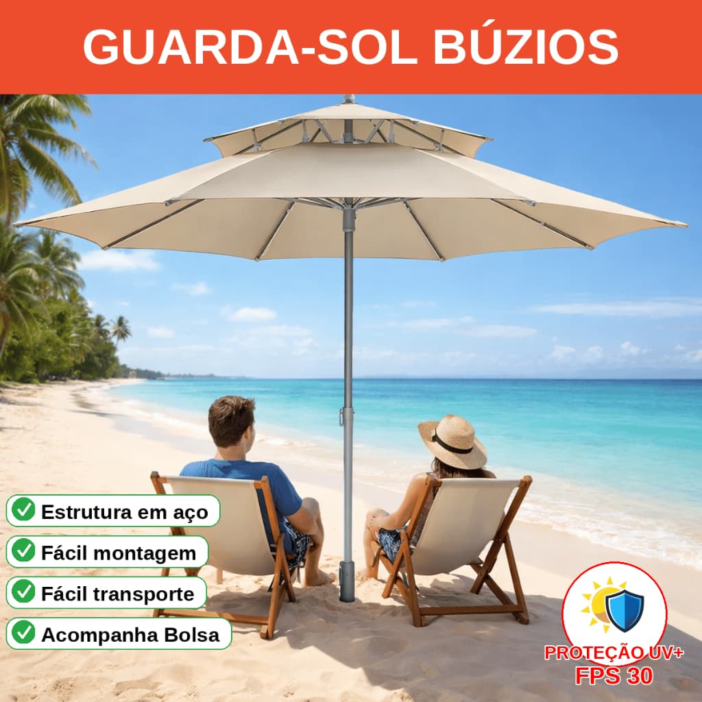 Guarda Sol Grande Gigante Buzios Chalesco 2.4m Praia Piscina FPS30 Aço Montagem Rápida Fácil Transporte