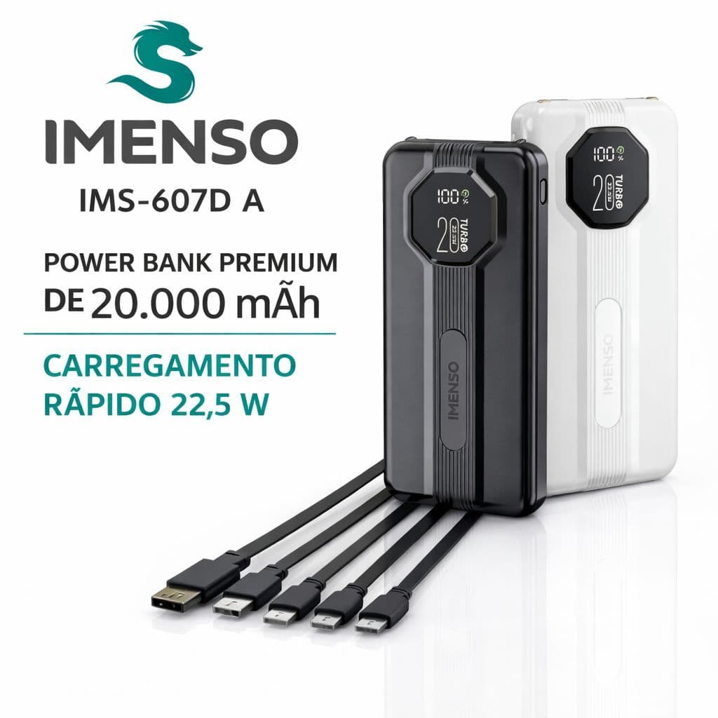 IMENSO Power Bank 20000mAh 22.5W com 4 Cabos Integrados Display LED Carregador Portátil Rápido