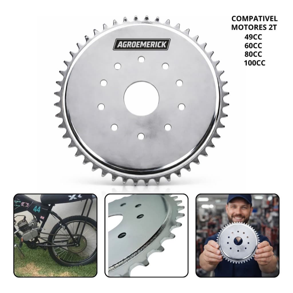 Coroa 44 Dentes para Bicicleta Motorizada Motor 2t 49cc 50cc 60cc 80cc 100cc Cromado Prateado