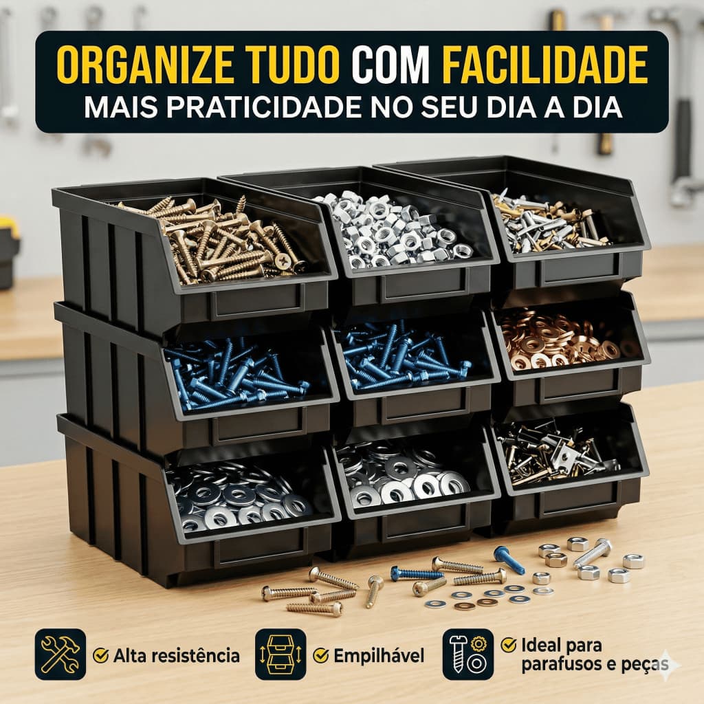 Kit Caixas Gaveteiro Bin Organizadores Parafusos Pequenos Plástico Preto N°03 Resistente Empilhavel