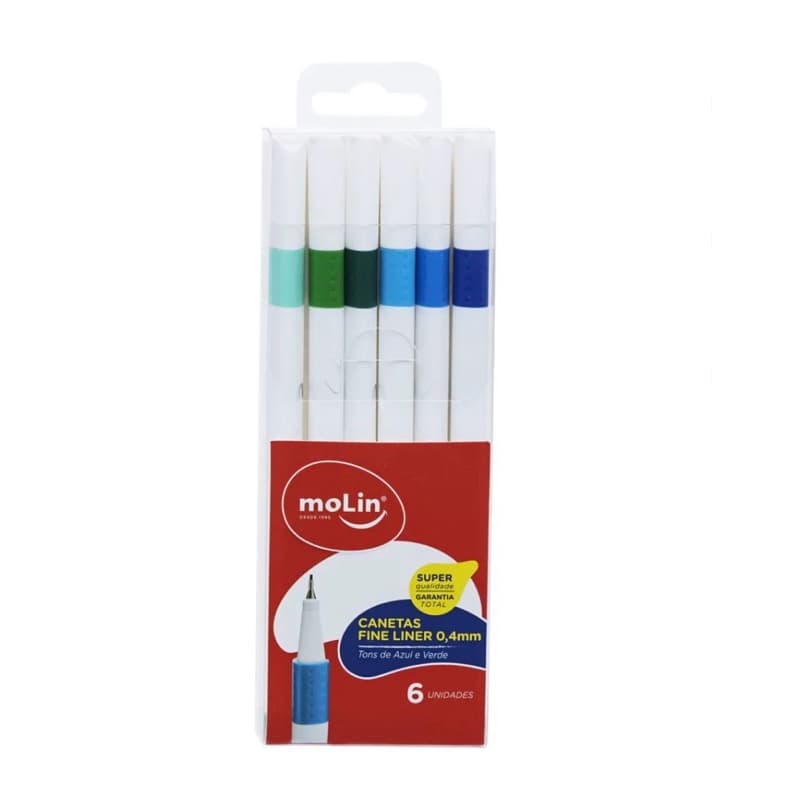 Kit Caneta Fine Liner Molin 0.4mm Tons Azul e Verde 6 Cores Ponta Fina Estudo Resumo Bullet Journal Letteri