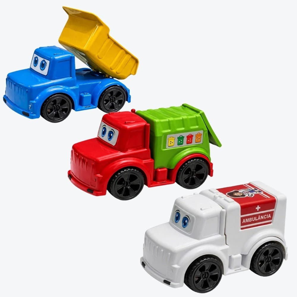 Kit Com 3 Caminhões - 1 Caminhão de Lixo - 1 Caçamba - 1 Ambulância Brinquedo De Plástico