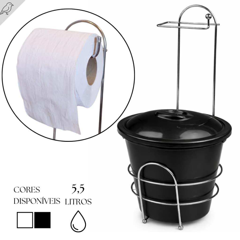 Lixeira 5,5 Litros Com Suporte Papel Higienico Design Moderno Duravel Para Banheiro Lavabo
