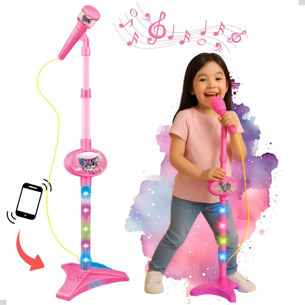 Microfone Infantil Pedestal Conecta Celular Sai Voz Som Rosa Com Luz