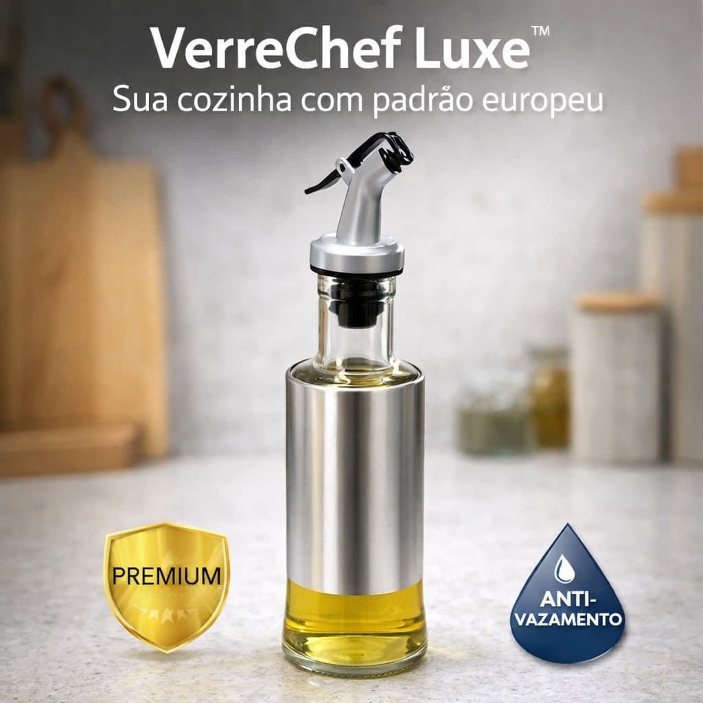 Dispenser de Óleo Premium 300ml Vidro + Inox Anti Vazamento VerreChef Luxe Dosador de Azeite Cozinha Moderna