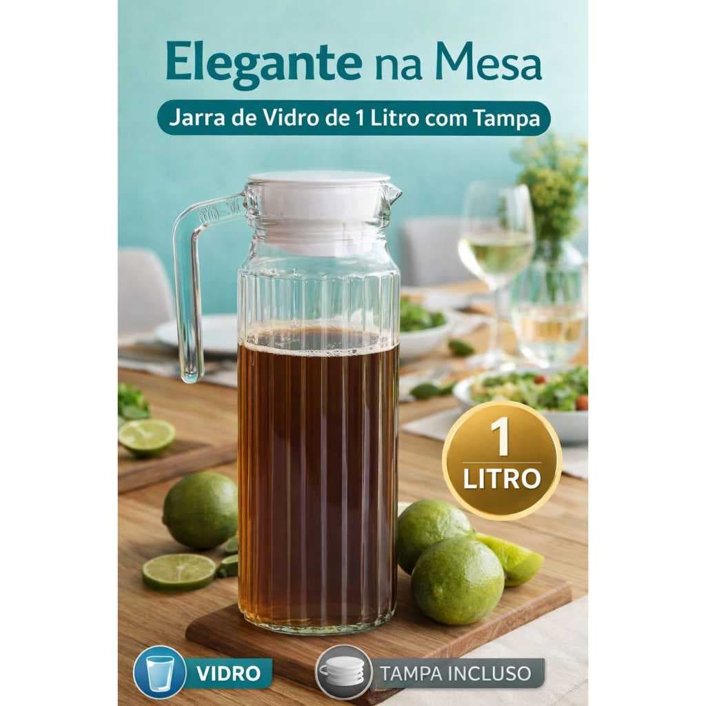 Jarra de Suco Vidro 1L p/ água, drinks, refri com Alça e Tampa restaurante, cozinha para mesa posta