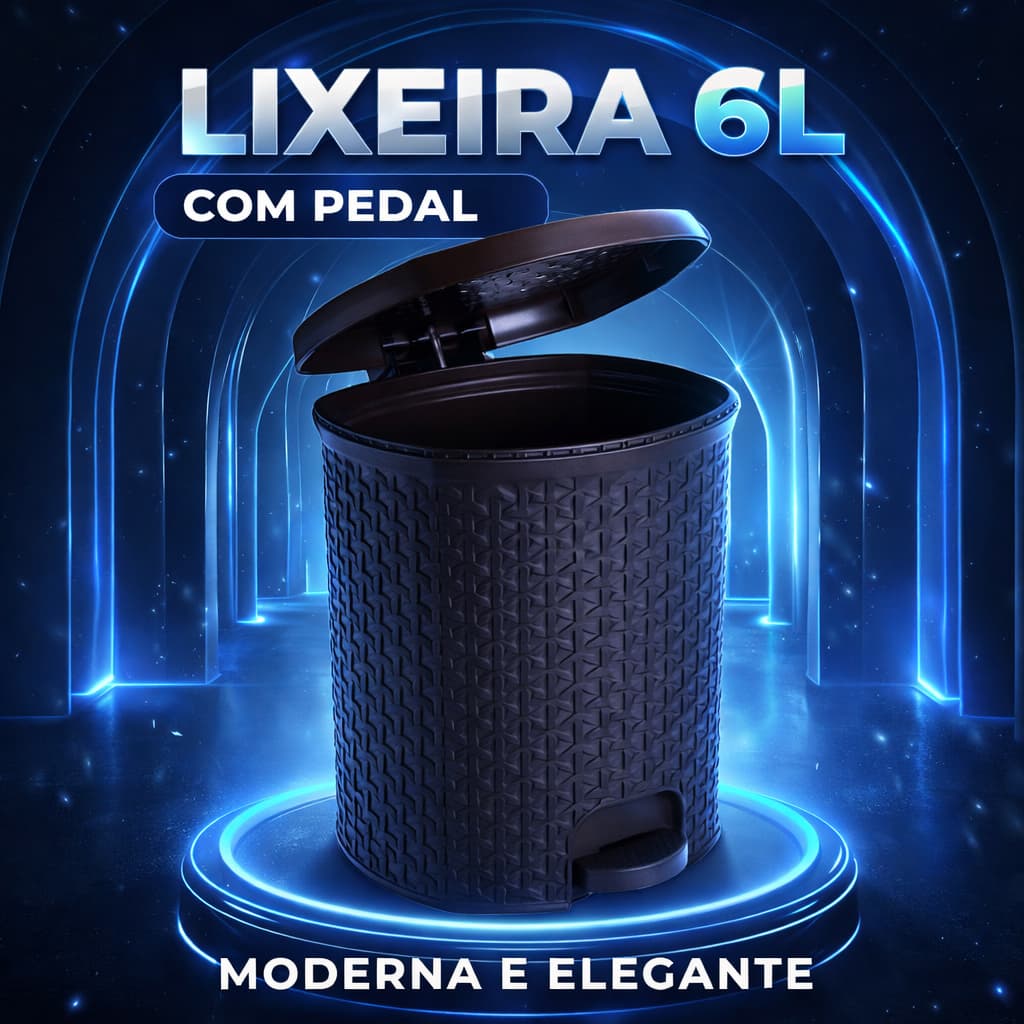Lixeira Rattan com Pedal 6 Litros Preta Cozinha/Banheiro/Escritório/Quarto Bebê