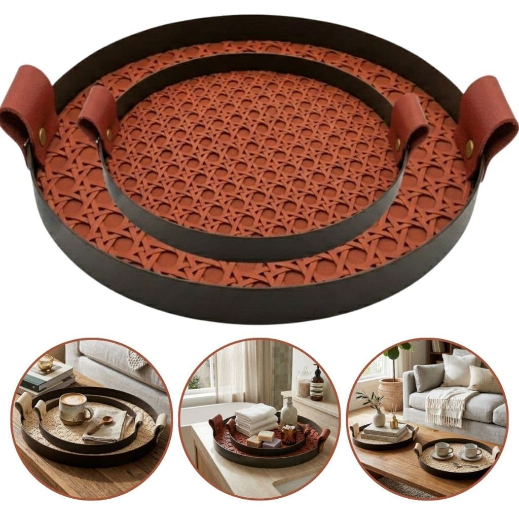Kit 2 Bandeja Redonda Decoração Luxo Metal e Couro para Mesa Posta Decorativa Servir Aparador