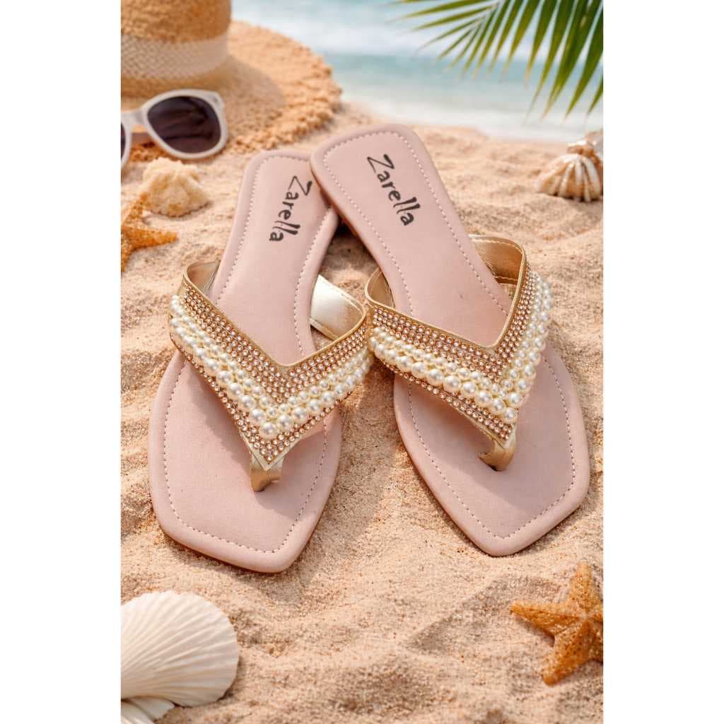 Sandália rasteira Feminina Artesanal ouro light pérolas strass chinelo lançamento Promoção ZARELLA