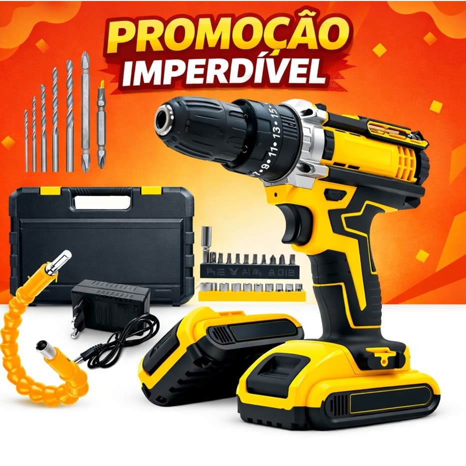 Parafusadeira Furadeira De Impacto Sem Fio 2 Baterias Com Maleta e 33 acessórios