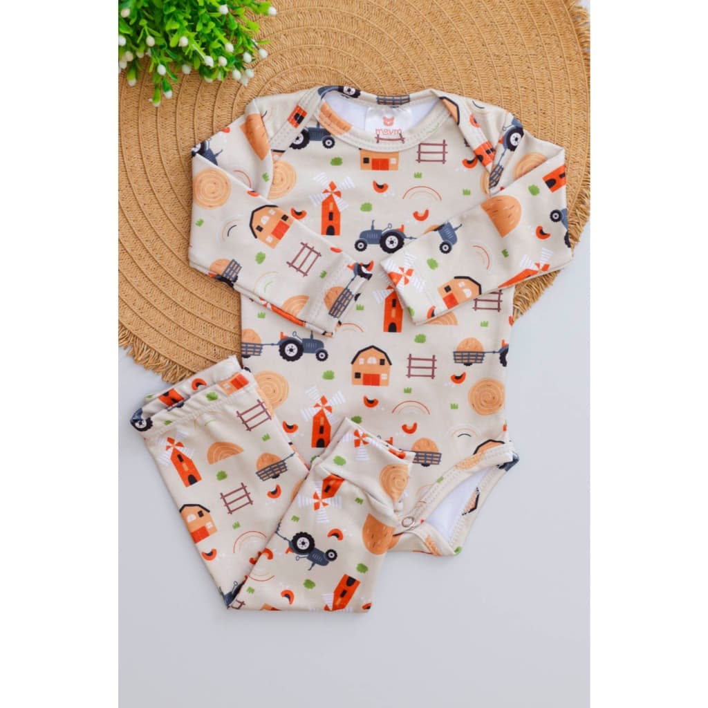 Conjunto Bebê Térmico Quentinho Menino Menina Inverno Body e Calça com Estampa de Trator