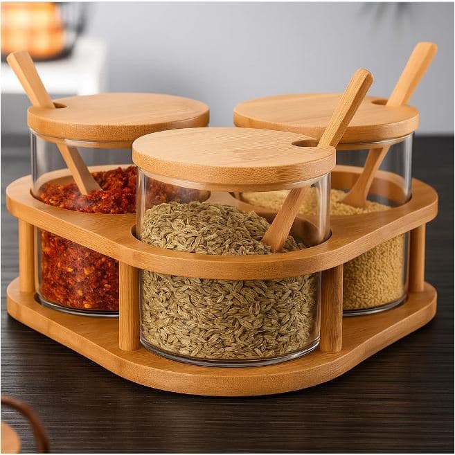 Kit 3 Potes Porta Temperos Com Suporte Condimentos em Bambu e Vidro 350ml Com Colher