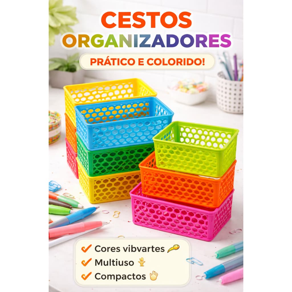 Cesto Organizador Empilhável Colorido Multiuso Plástico Resistente Caixa Organizadora