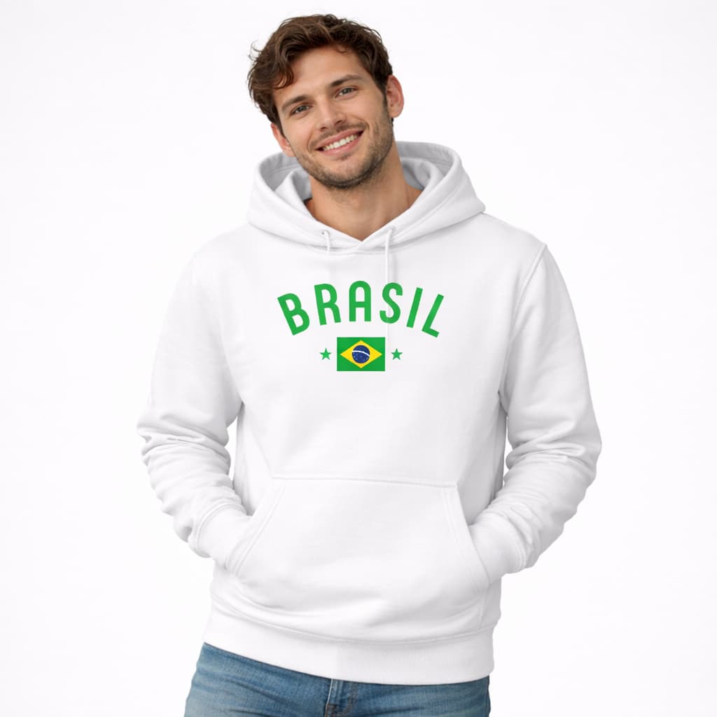 Moletom Brasil Casaco Canguru Flanelado Inverno Capuz Estampado Confortável Unissex Blusa de Frio