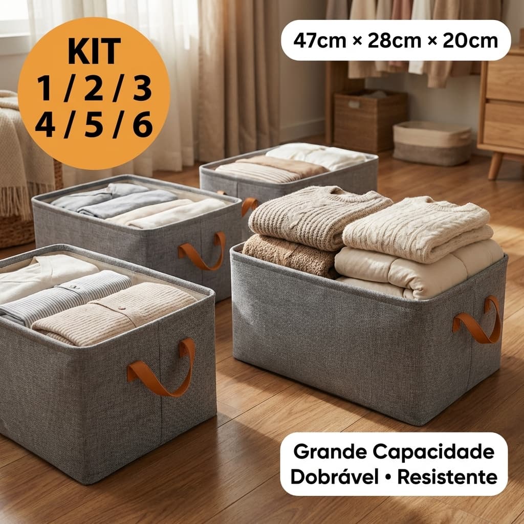 Caixa Organizadora de Roupa Reforçada Dobrável com Estrutura de Ferro Empilhável para Guarda-Roupa