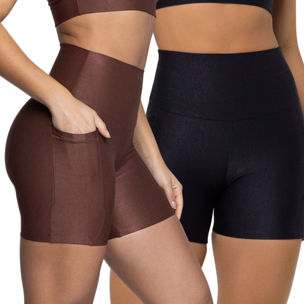 Short Fitness Feminino Canelado com Bolso Lateral Cós Alto Academia Corrida Treino Alta Compressão