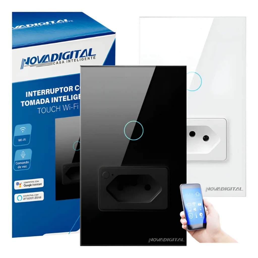 Interruptor Inteligente 1 Botão Wifi Touch Com Tomada e Comando de Voz Alexa Nova Digital Original