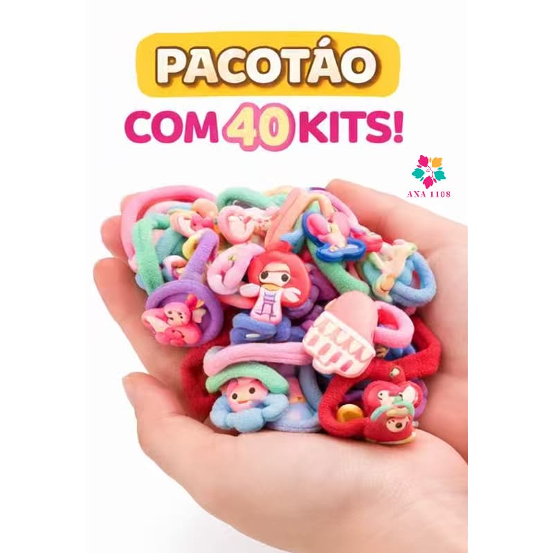 ANA 1108 Kit 40 Elásticos Infantil Cabelo Menina Coloridos com Acessórios Presilha